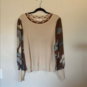 Rio & Rian New‎ York Puff Sheer Sleeve Patterned Beige and Brown Women's Top XL